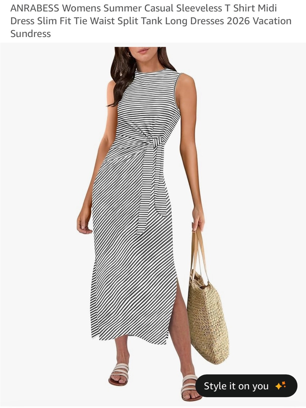 ANRABESS Grey and White Striped Tie-Waist Midi Dress M NWT